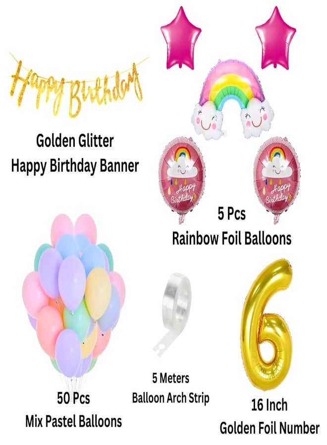 Flyloons Latex Rainbow Theme 6Th Birthday Decorations Kit Girls Boys Kids Baby Girl For 6 Year With Number Rainbow Pink Star Pink Purple Yellow Blue Green Pastel Balloons Happy Gold Banner, 58 Pcs - Image 2